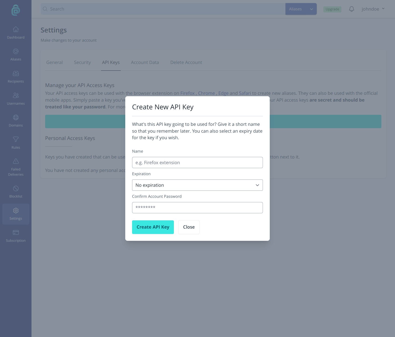 Create new API key form in addy.io