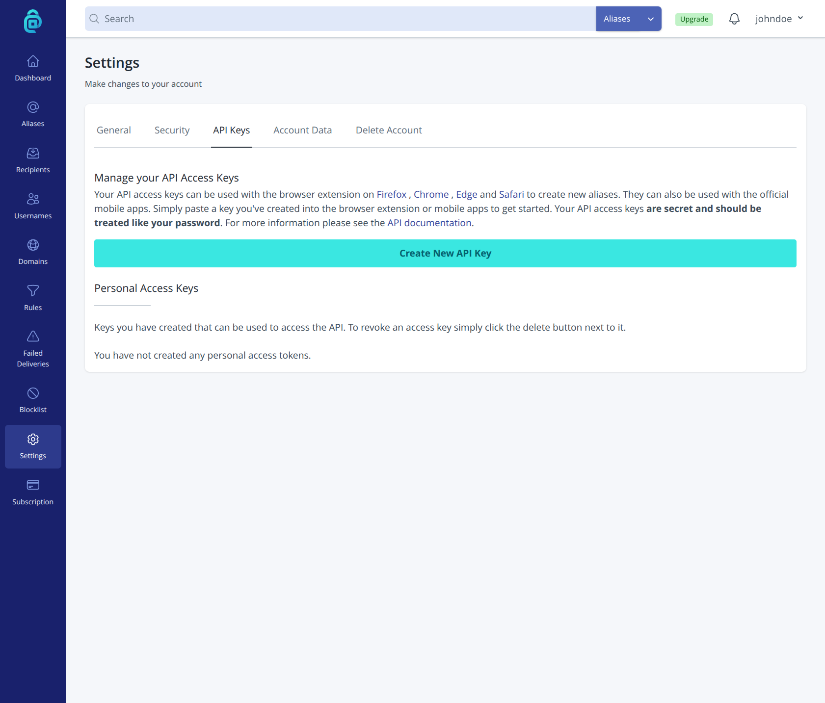 addy.io API Settings page showing API keys