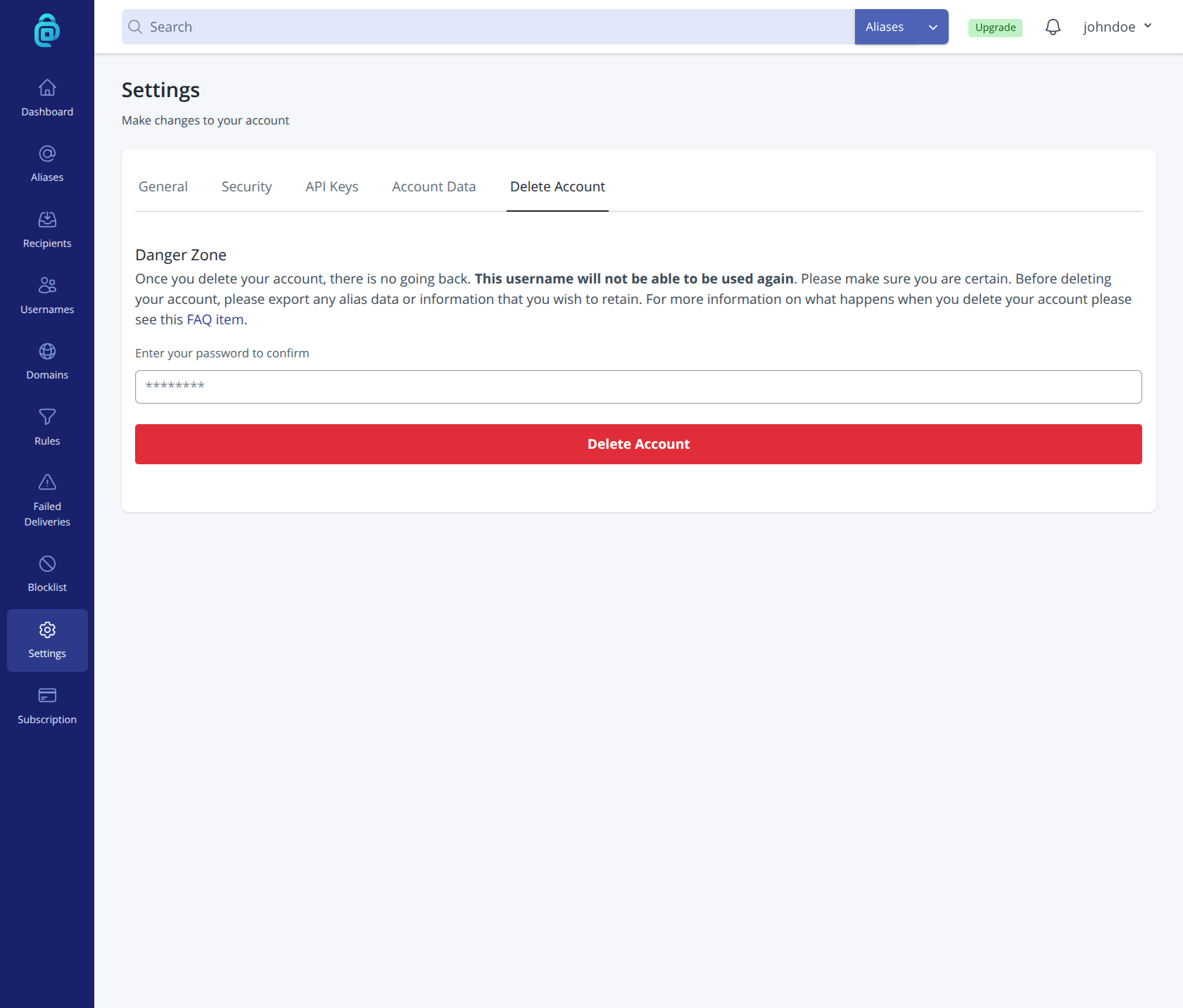 Delete account or Close account section in addy.io settings