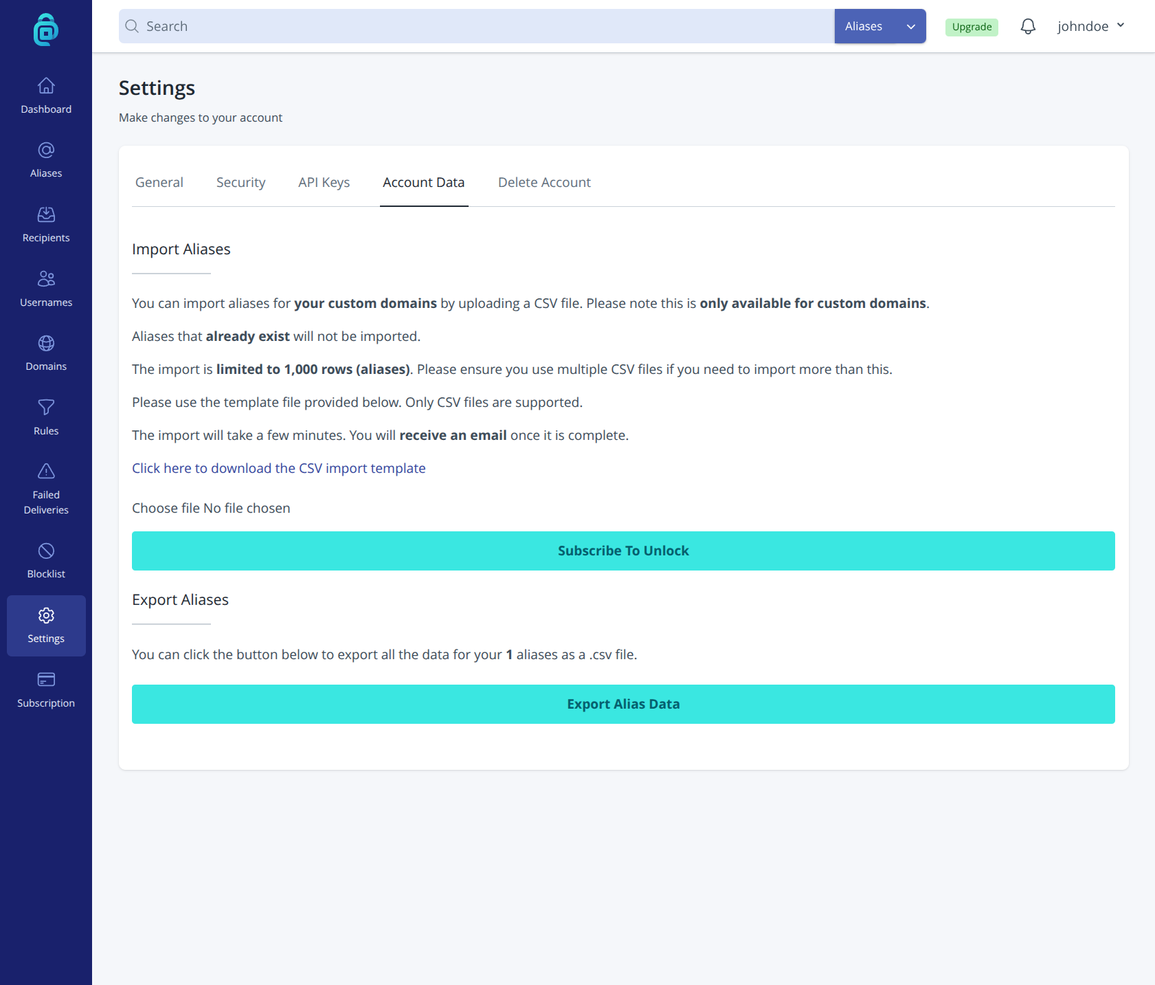 addy.io Import/Export or account data settings page