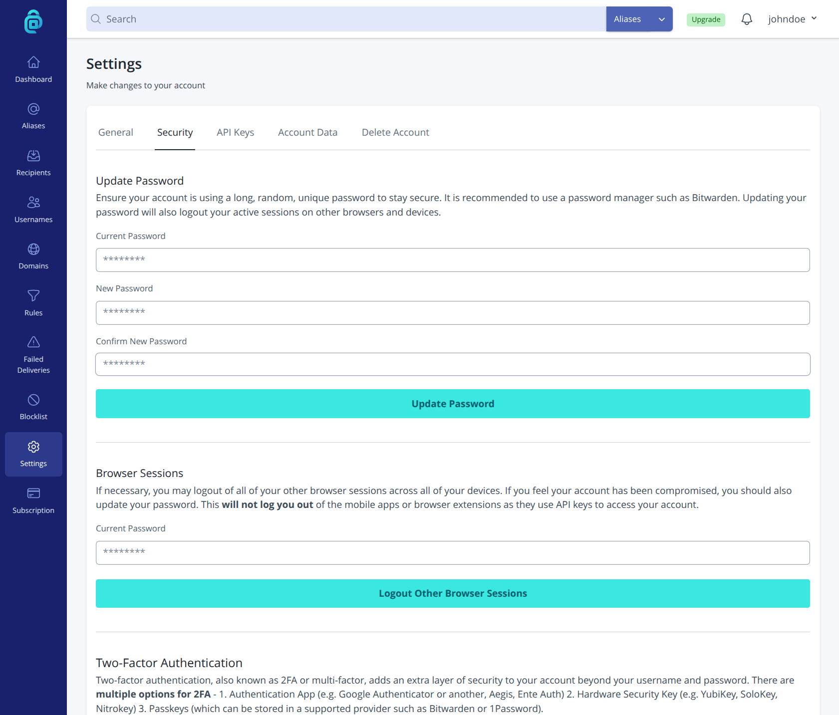 addy.io Security Settings page