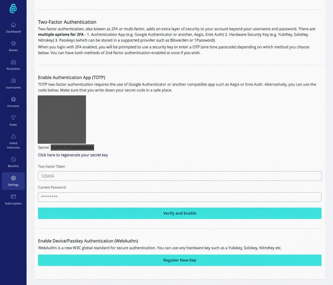 Two-factor authentication setup with QR code for an authenticator app