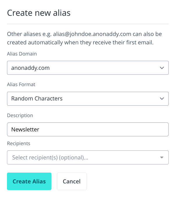 Create new alias dialog with Alias Domain, Alias Format, Description, and Recipients fields