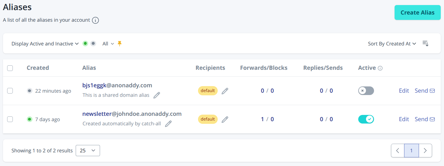 Deactivate an alias using the Active toggle in addy.io