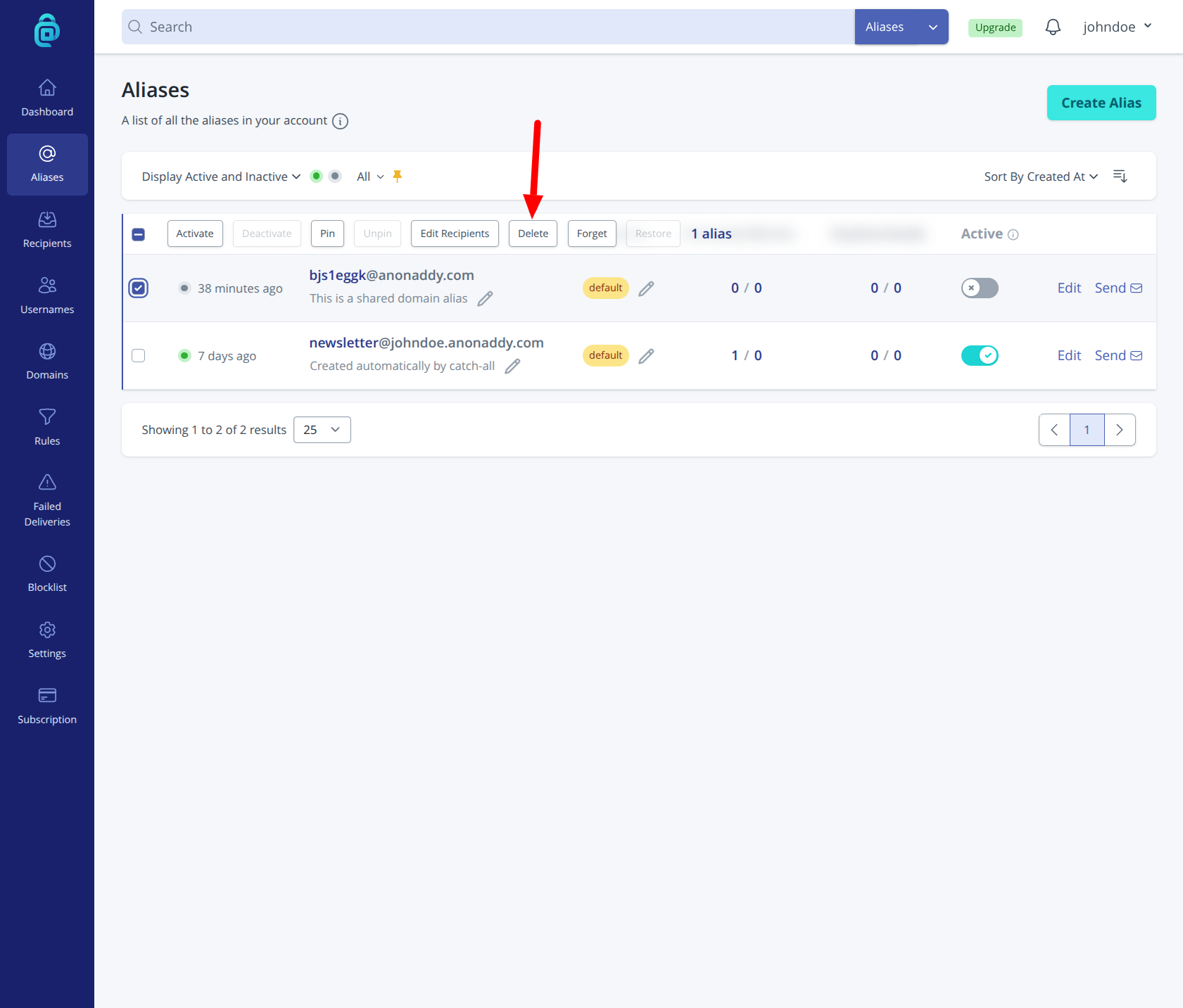 Delete alias option in addy.io dashboard