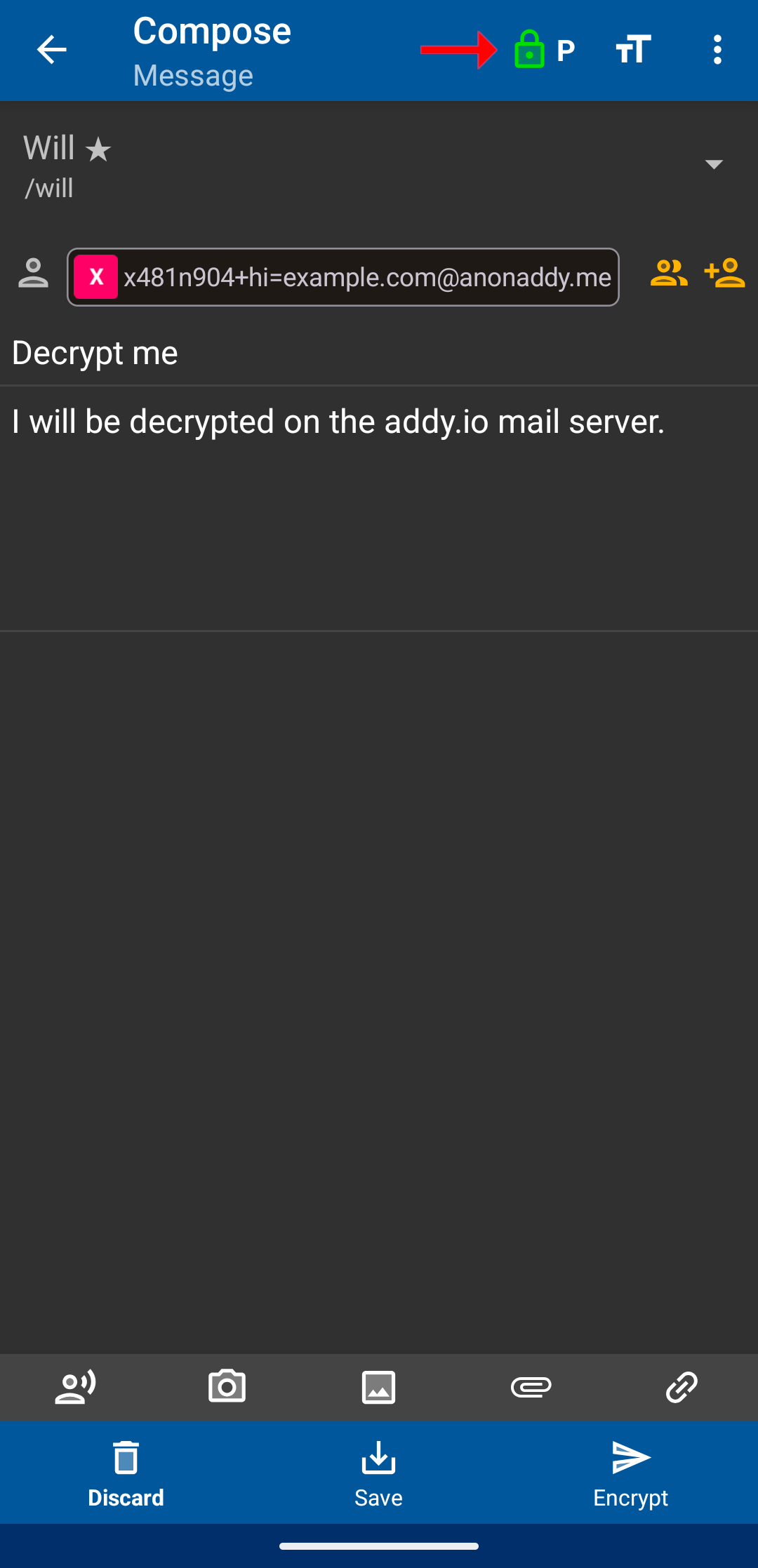 FairEmail compose screen with green padlock and Encrypt button