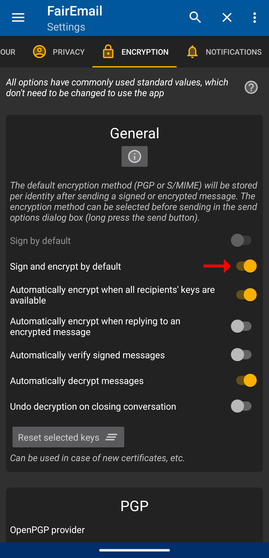 FairEmail encryption settings with Import key option