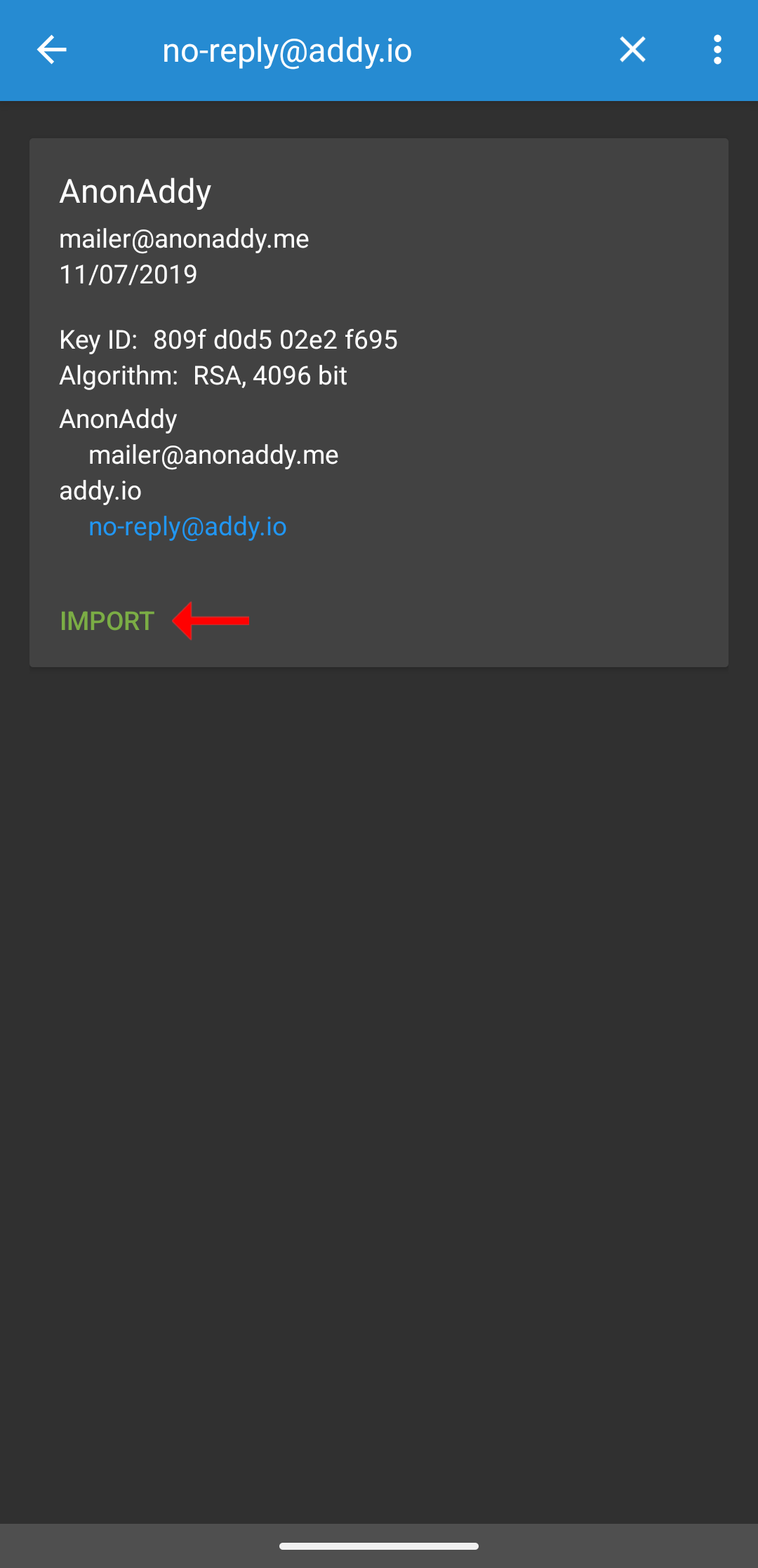 OpenKeychain import screen for no-reply@addy.io