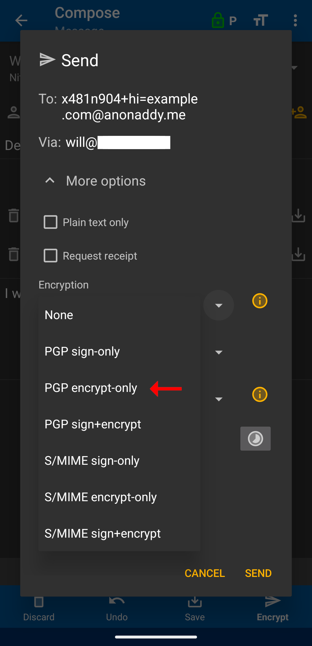 FairEmail send options with PGP encrypt-only selected