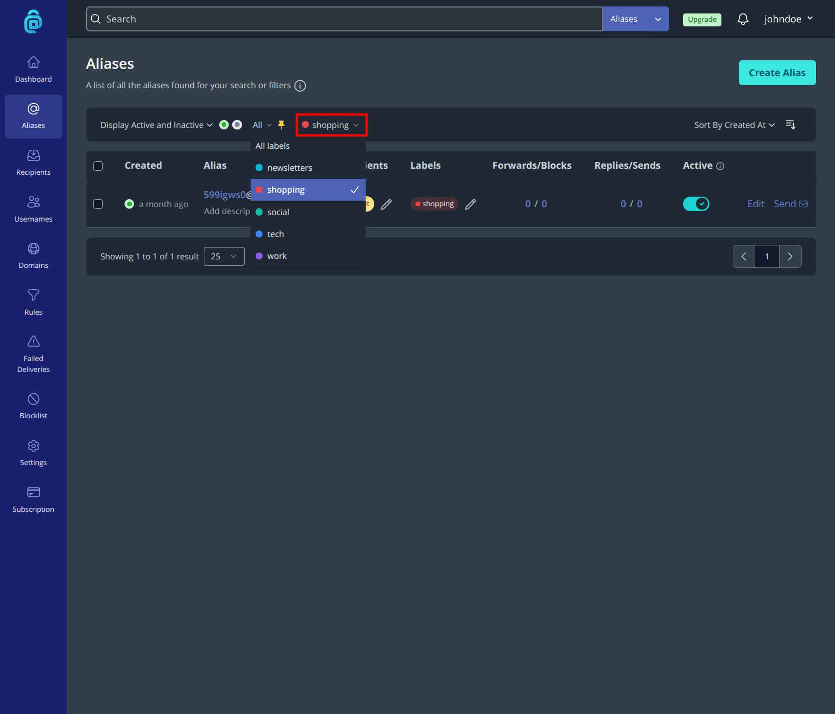 Filter aliases by label