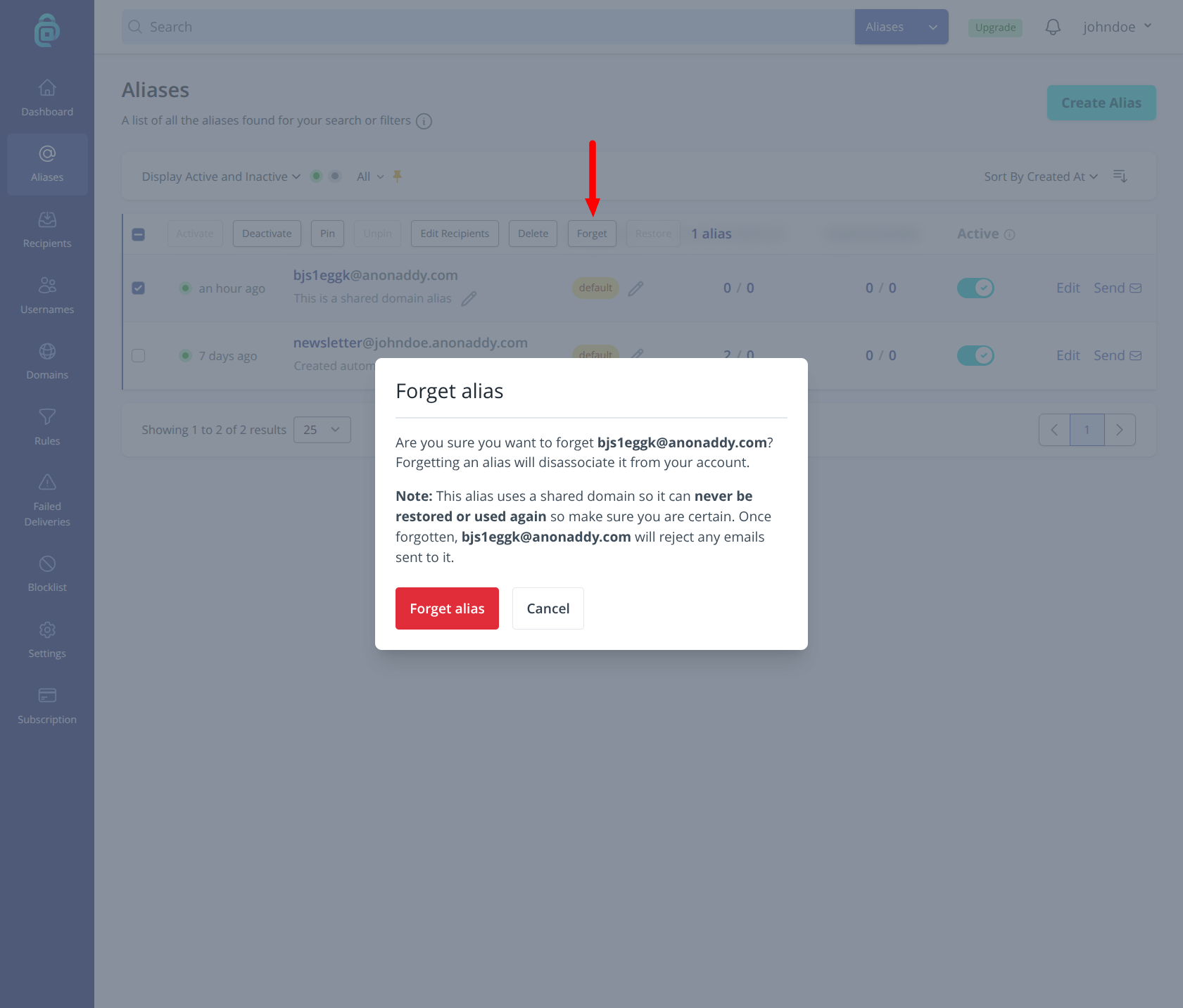 Forget alias option in addy.io