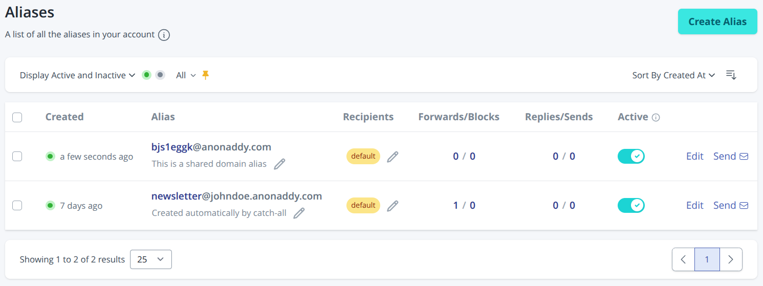 New alias listed in the addy.io Aliases page after the first forwarded email