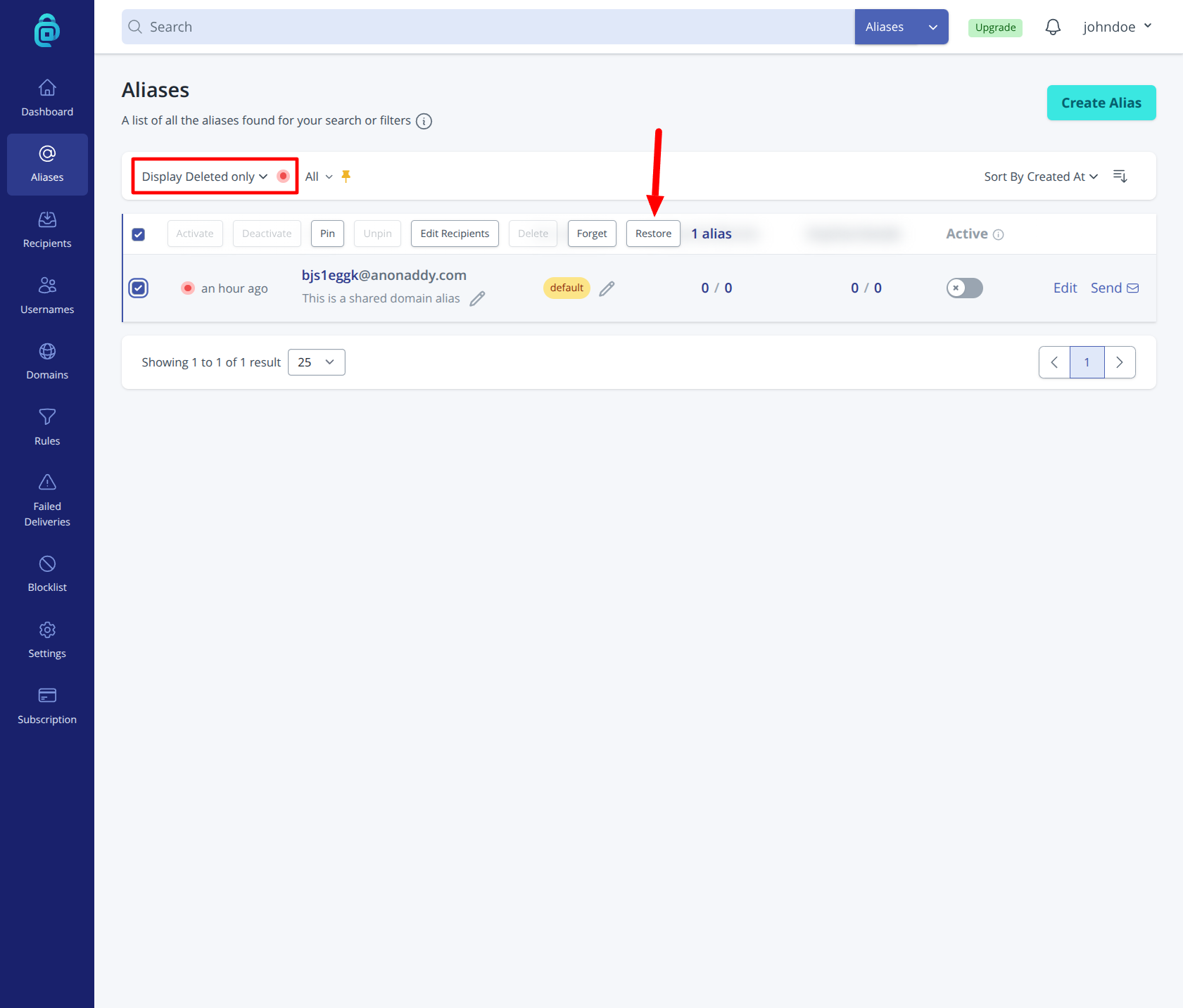 Restore deleted alias in addy.io