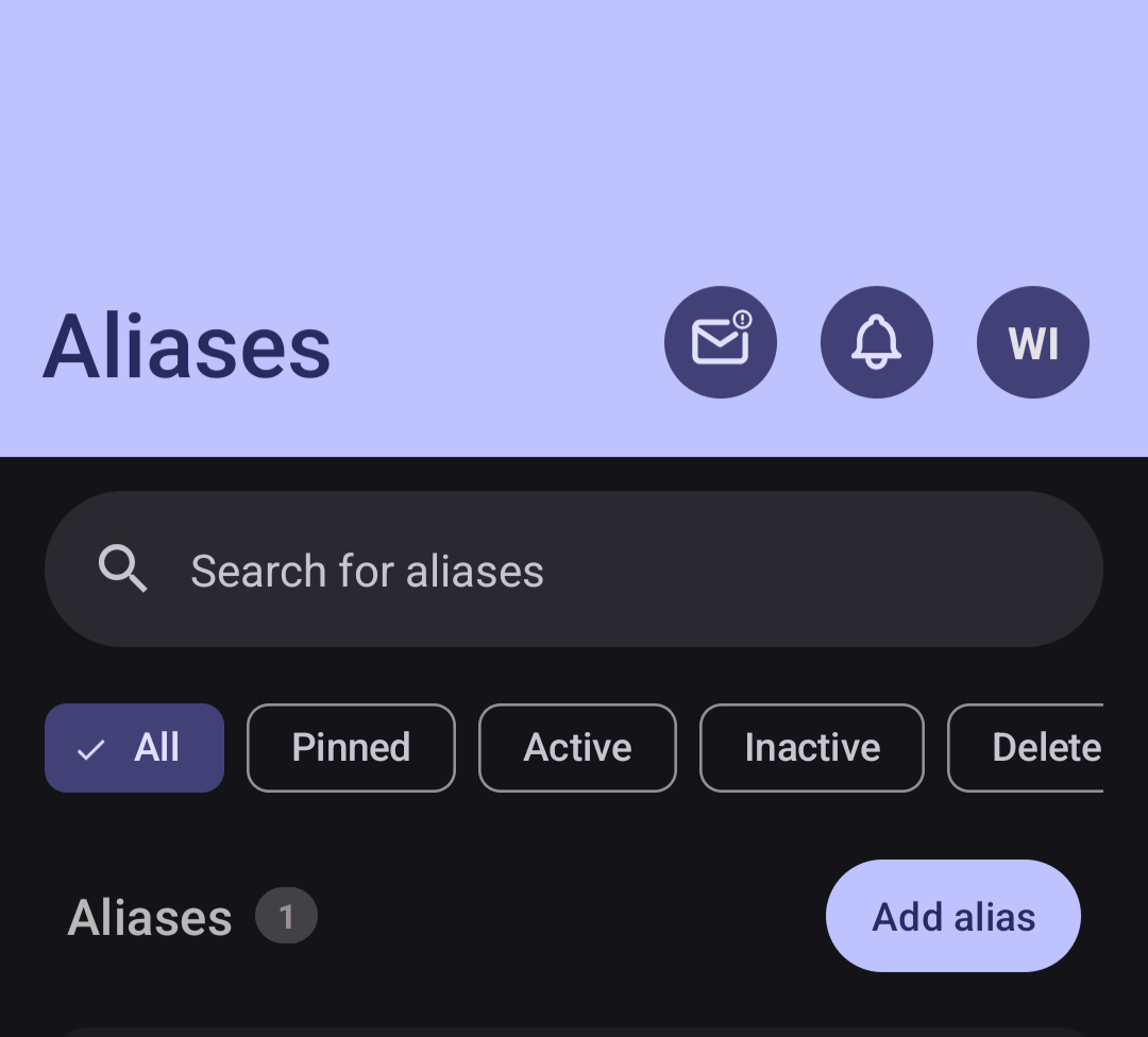 Sorting and filtering aliases in the addy.io mobile app