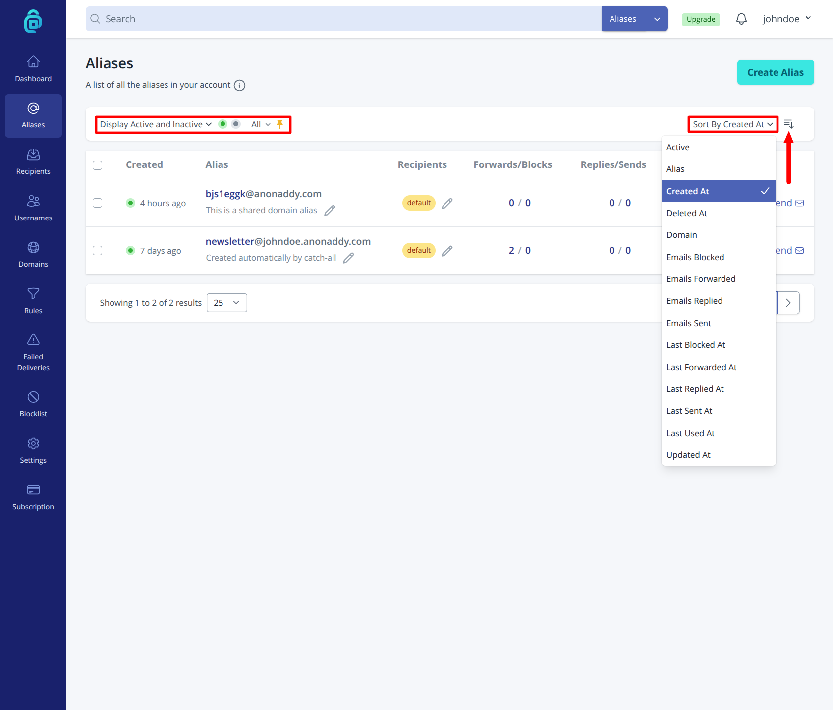 Sorting and filtering aliases on the addy.io web app