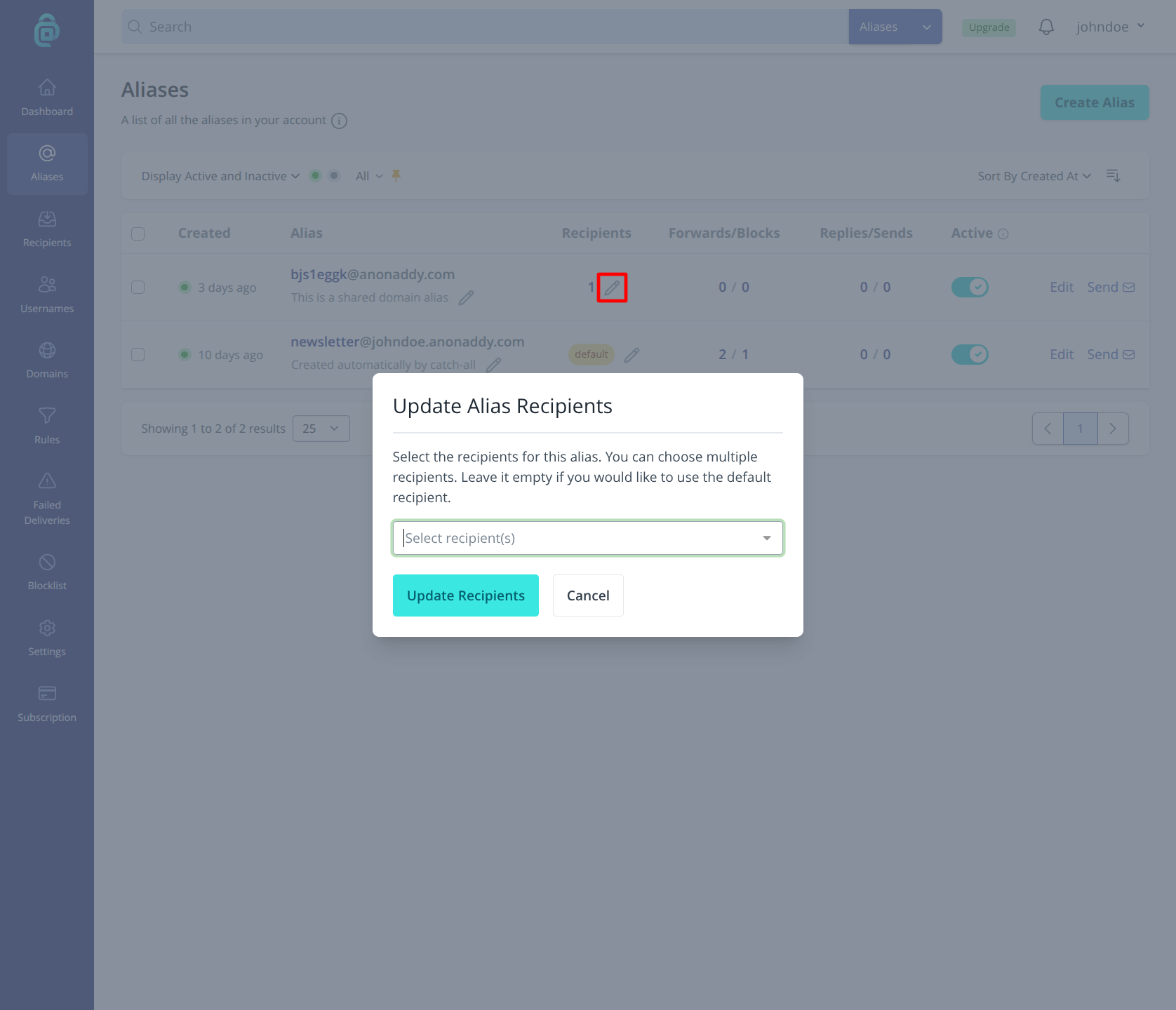 Changing recipients for an alias in addy.io
