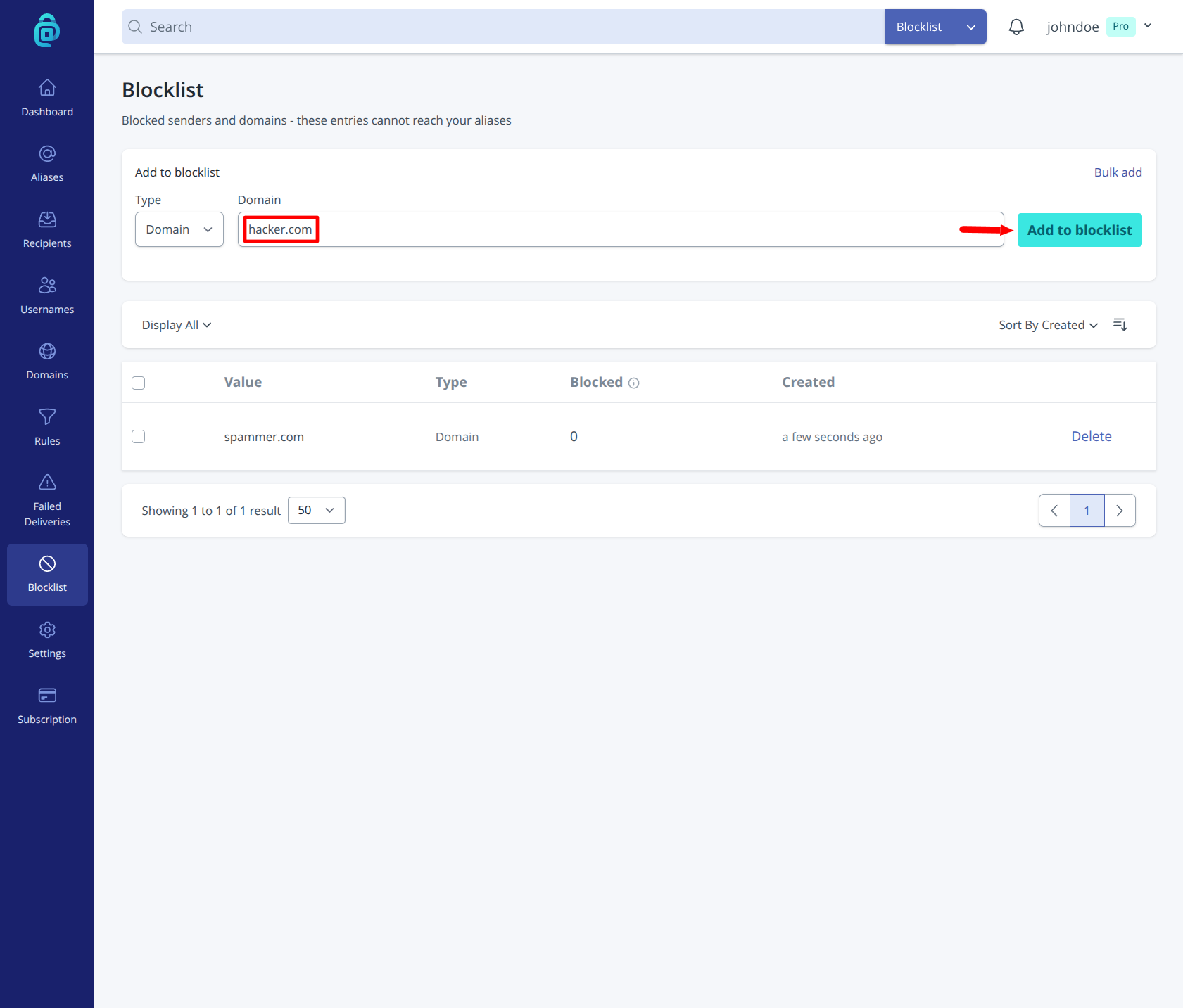 Add blocklist entry in addy.io