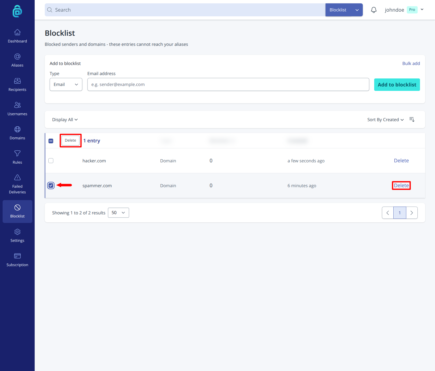 Delete blocklist entry in addy.io