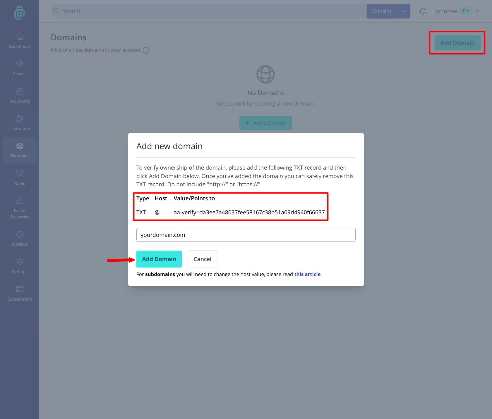 Add new domain dialog showing TXT verification record in addy.io
