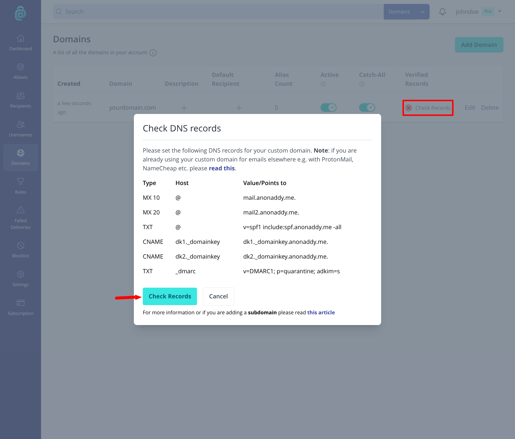 Check DNS records dialog for a custom domain in addy.io