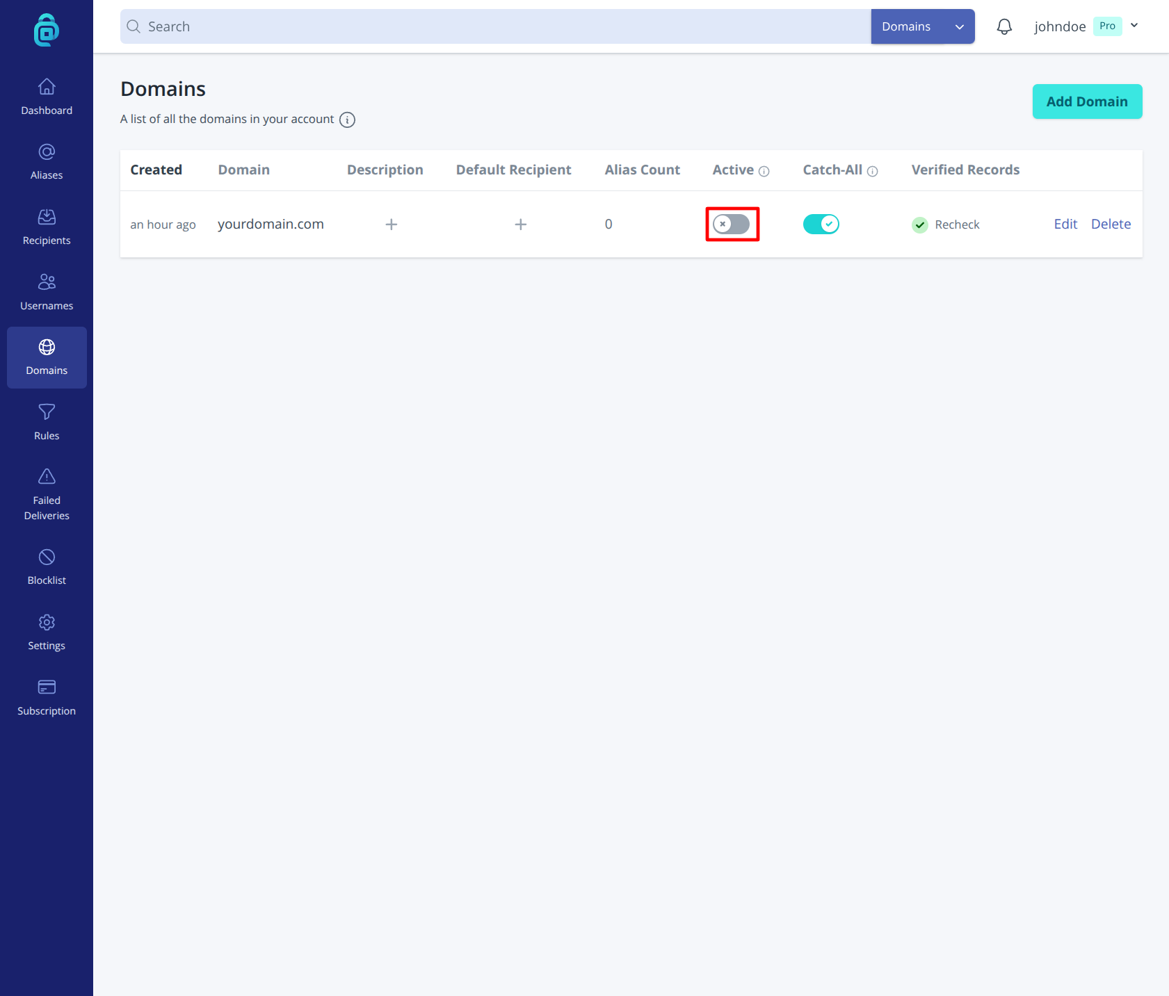 Deactivate domain option in addy.io