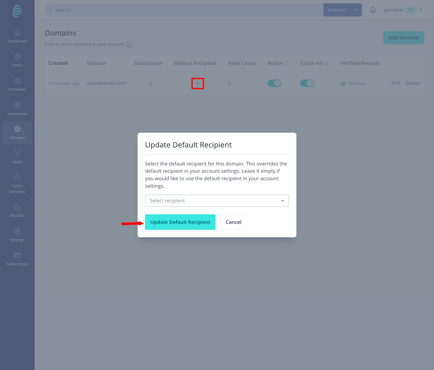 Default recipient for a domain in addy.io