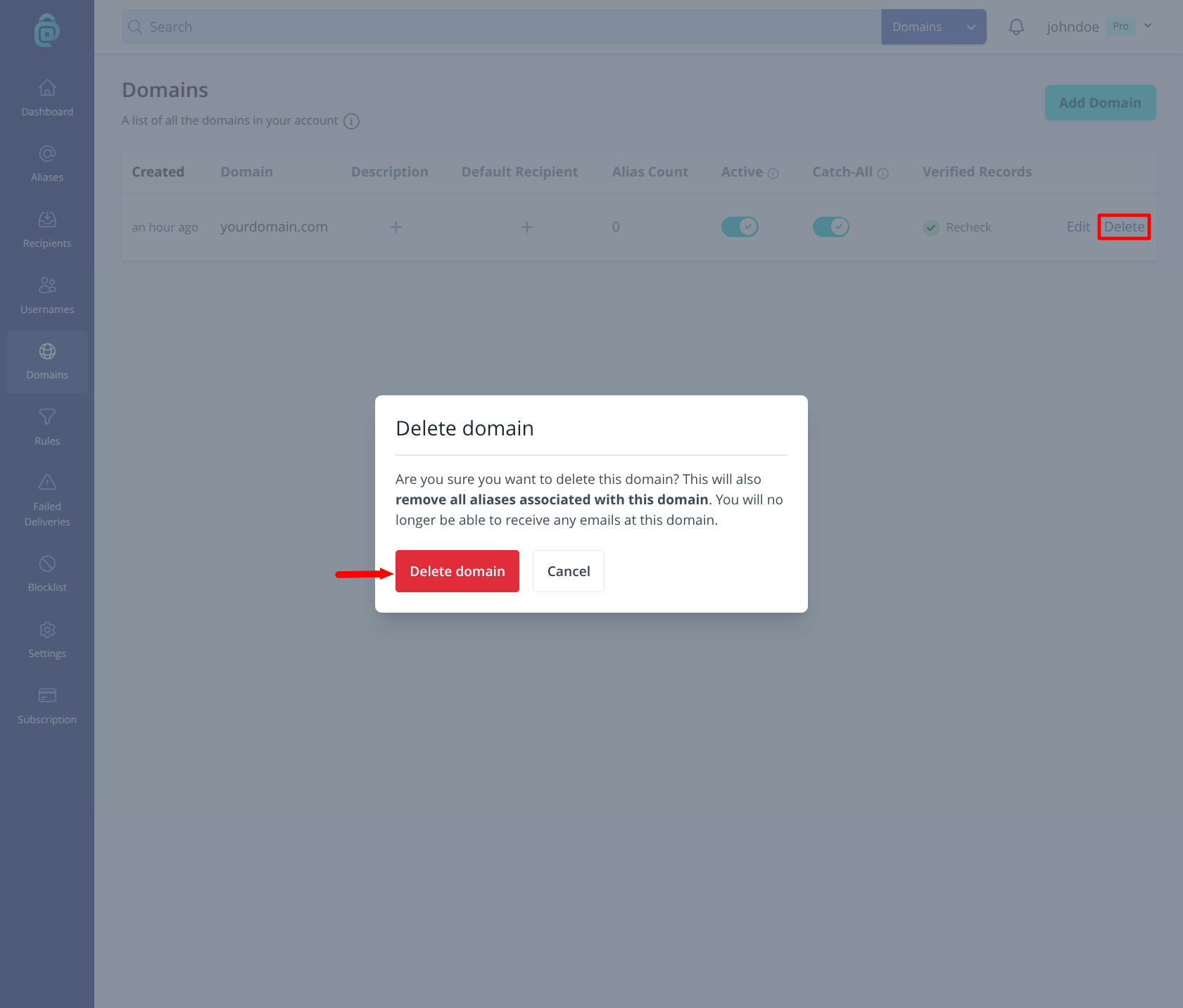Delete domain option in addy.io