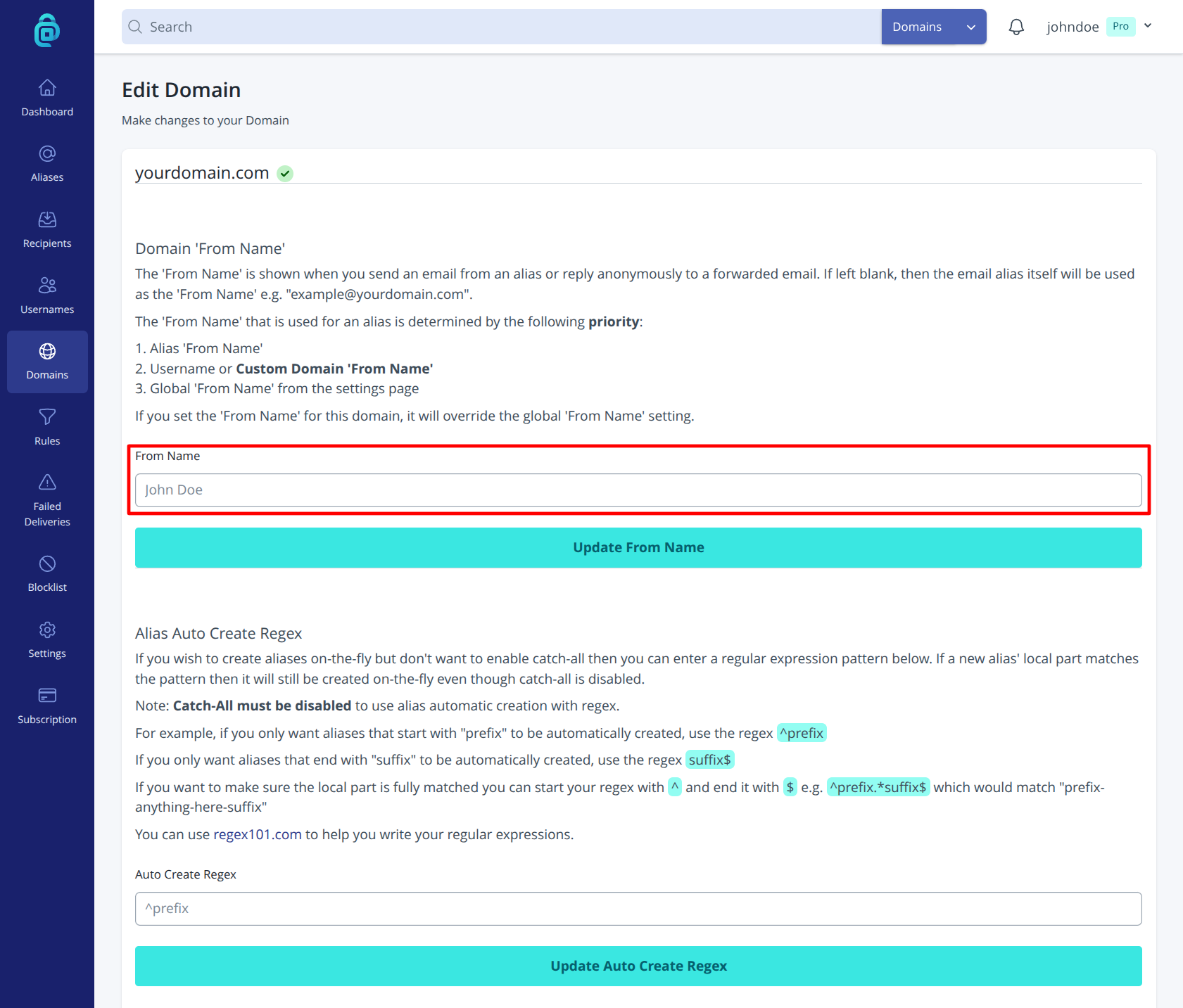 Display from name for a domain in addy.io