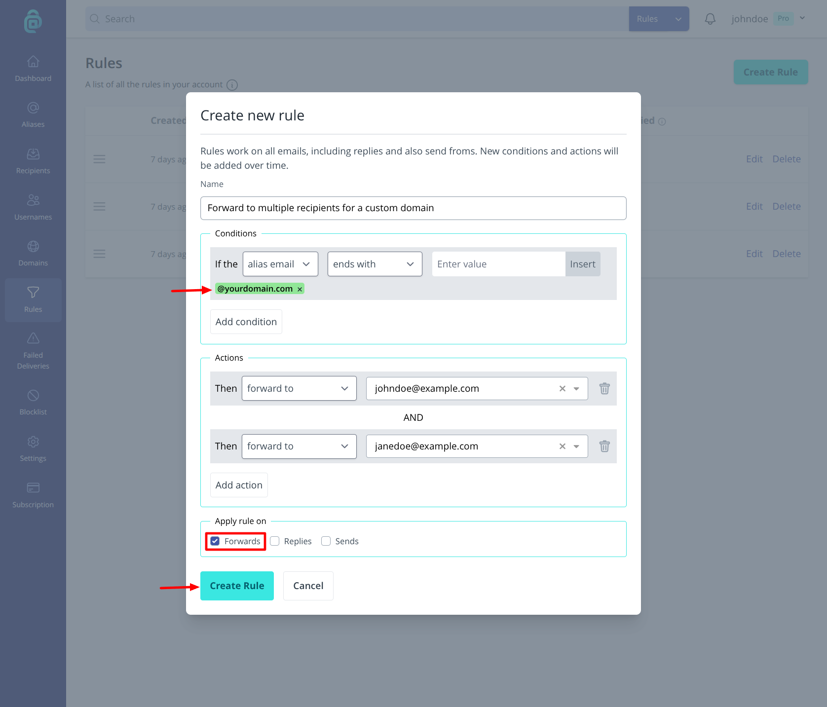 Multiple default recipients for a custom domain