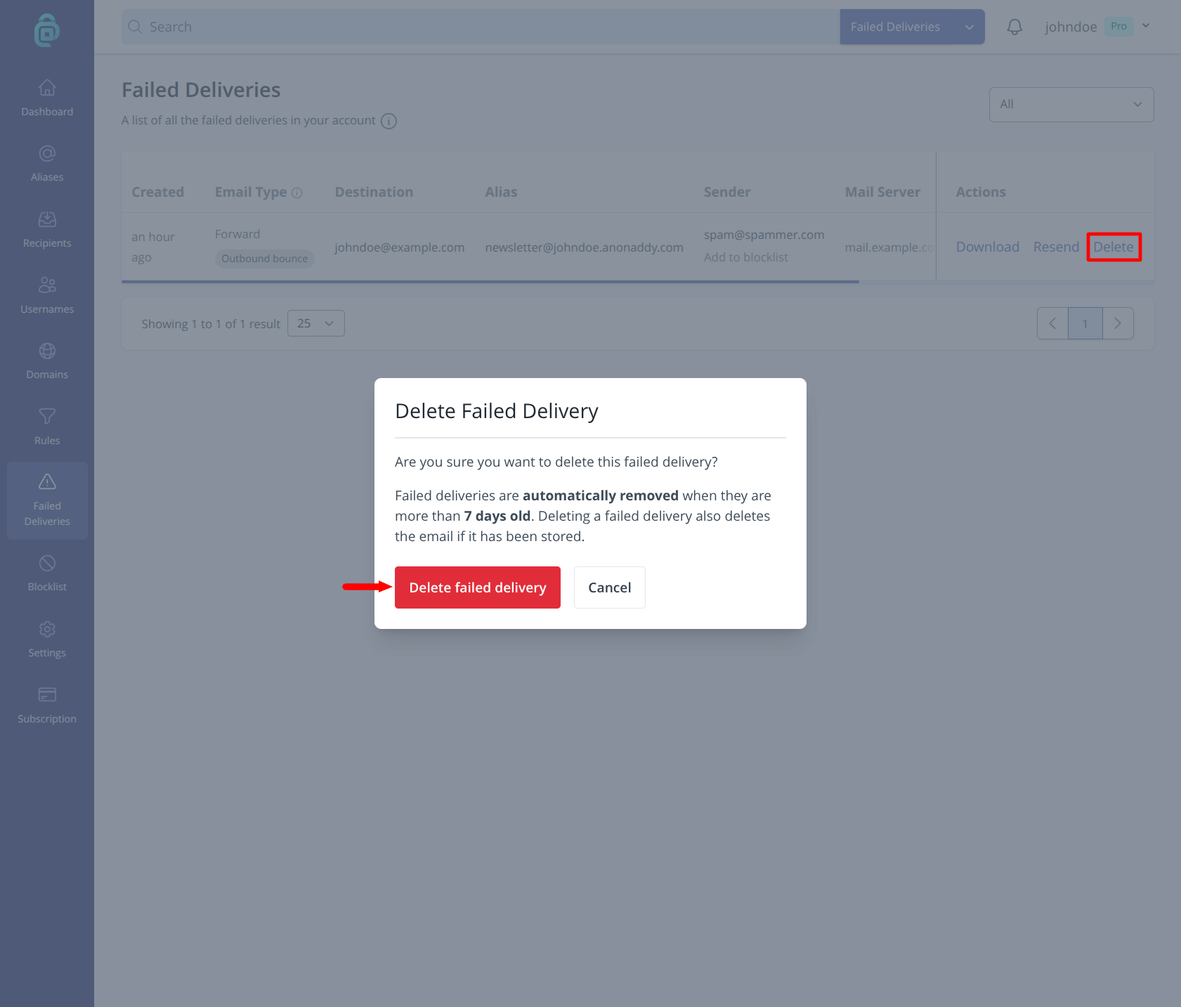 Delete failed delivery in addy.io