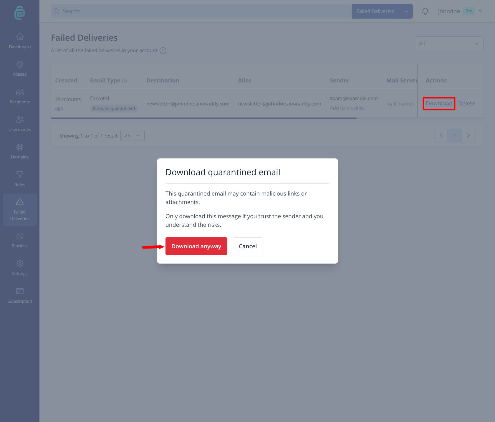 Download a failed delivery in addy.io