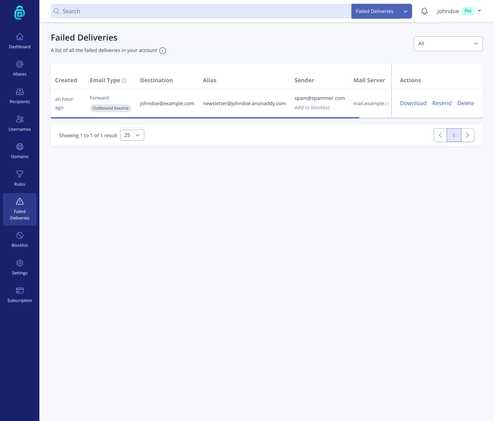 Failed deliveries list in addy.io