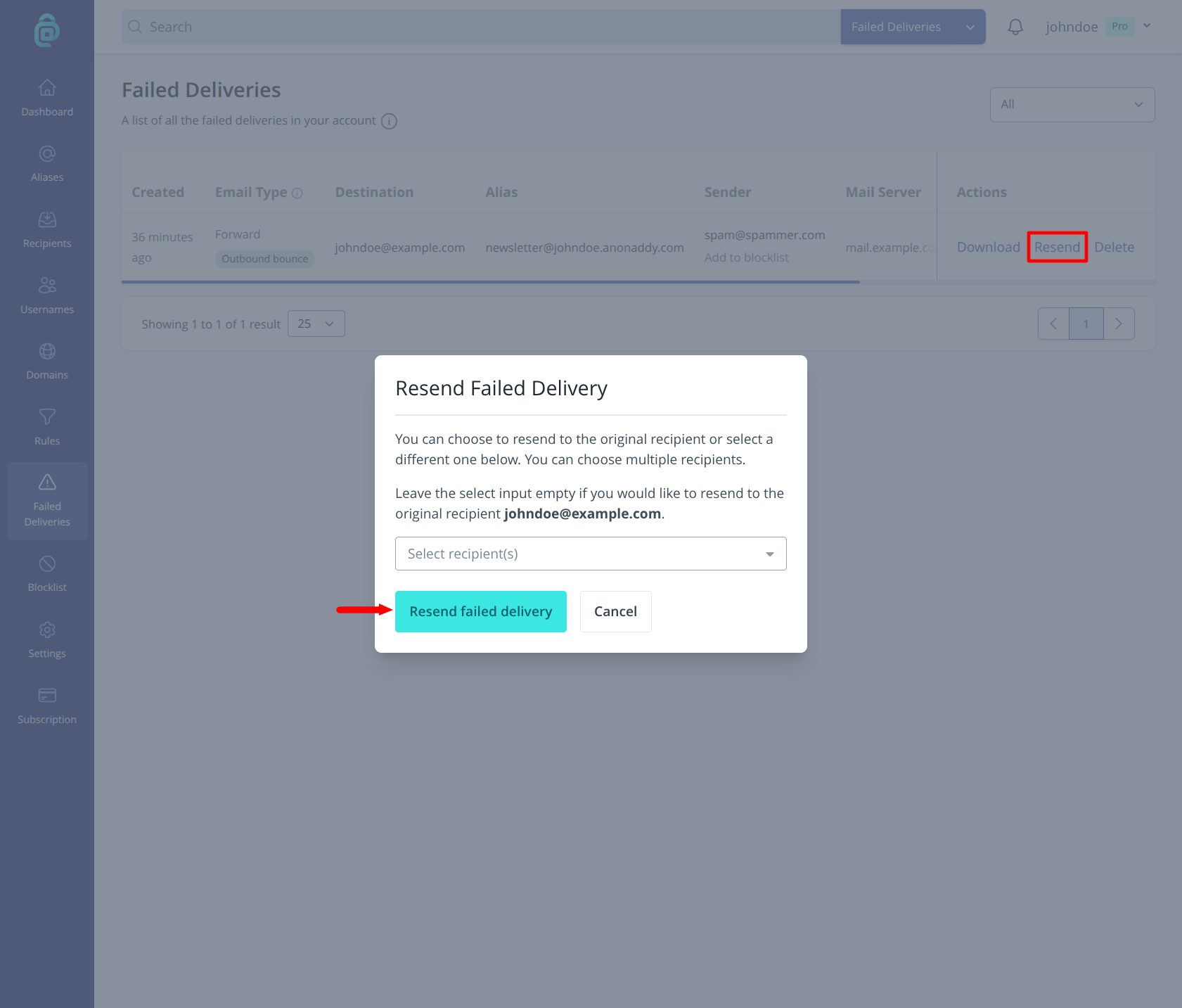 Resend failed delivery in addy.io
