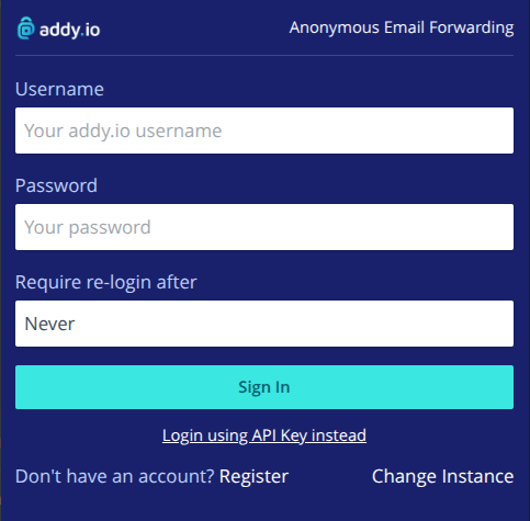 addy.io extension login or popup screen