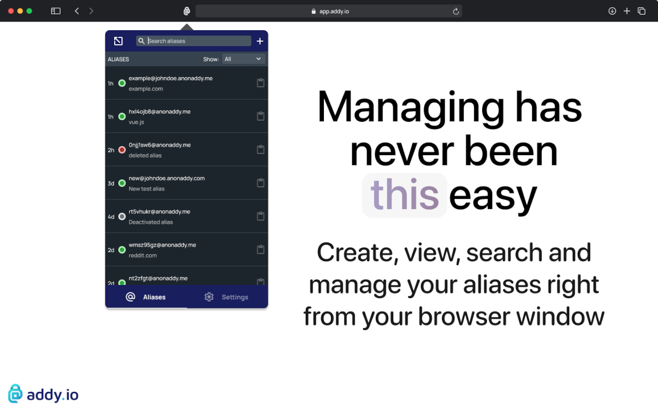 addy.io extension popup showing alias list or generate alias option