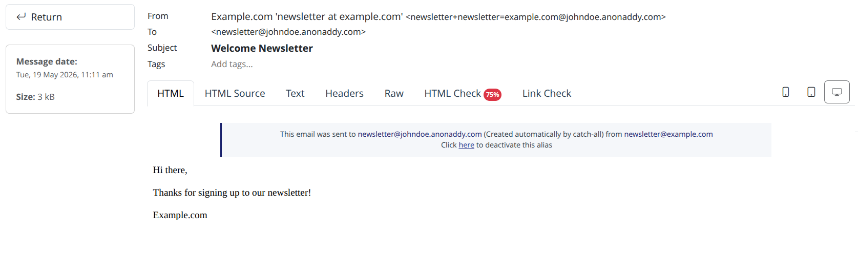 Forwarded email in your inbox showing it was sent to your alias