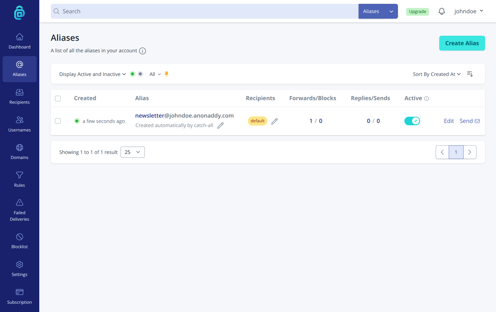New alias visible in the addy.io Aliases list after receiving its first email