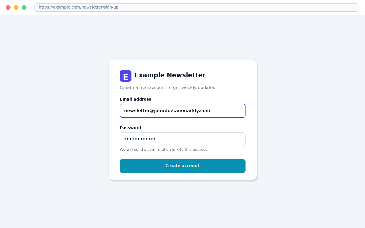 Example sign-up form with an addy.io alias address entered in the email field