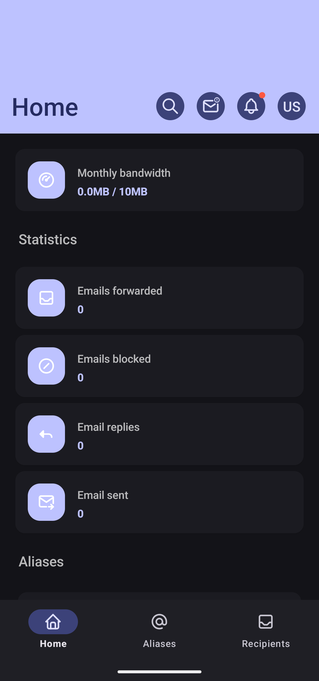 addy.io mobile app main screen showing alias list or dashboard