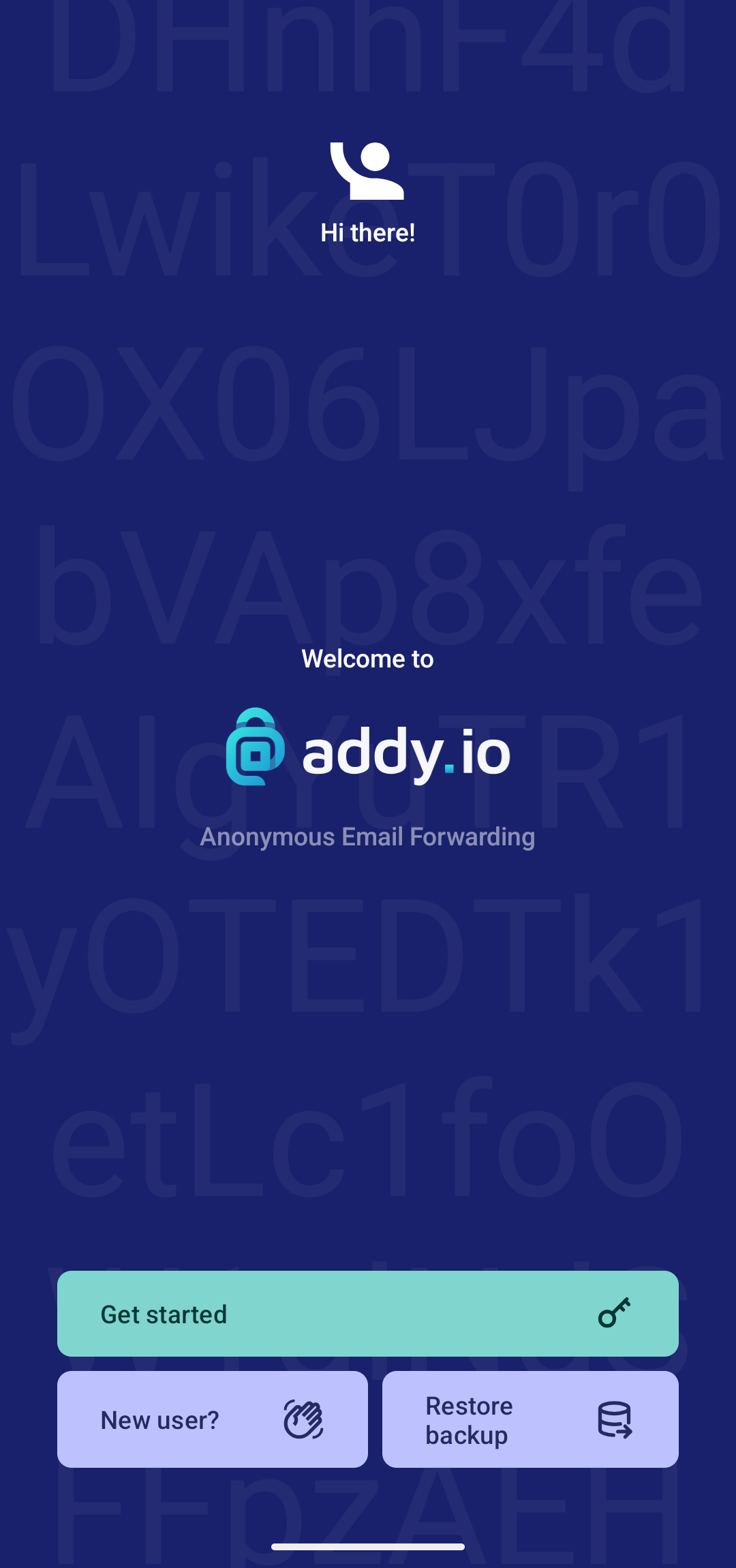 addy.io mobile app login screen with username and password fields