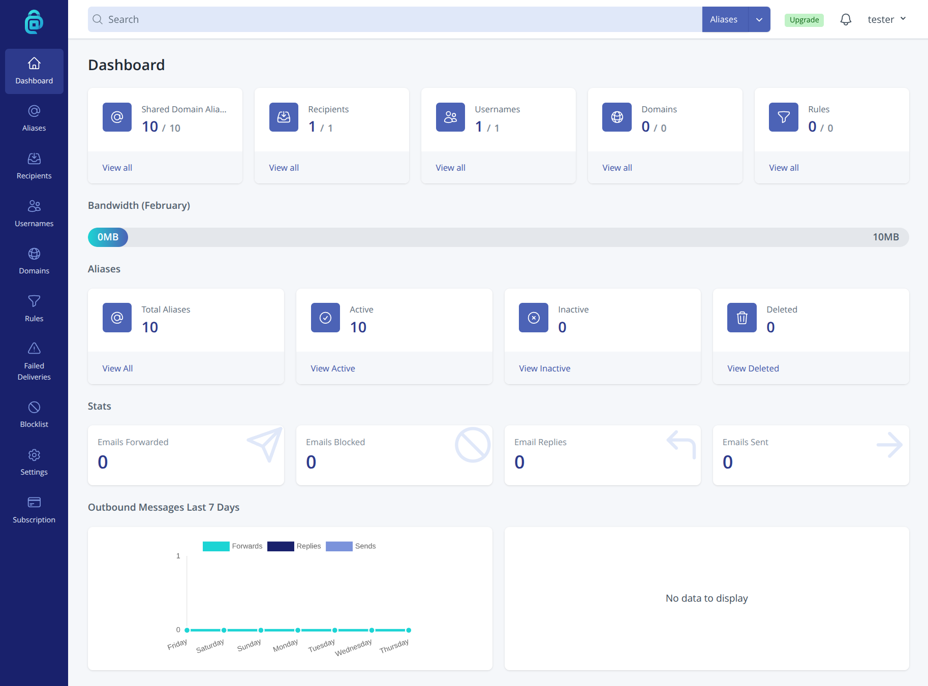 addy.io dashboard showing the navigation bar with Aliases, Recipients, Domains, and other sections