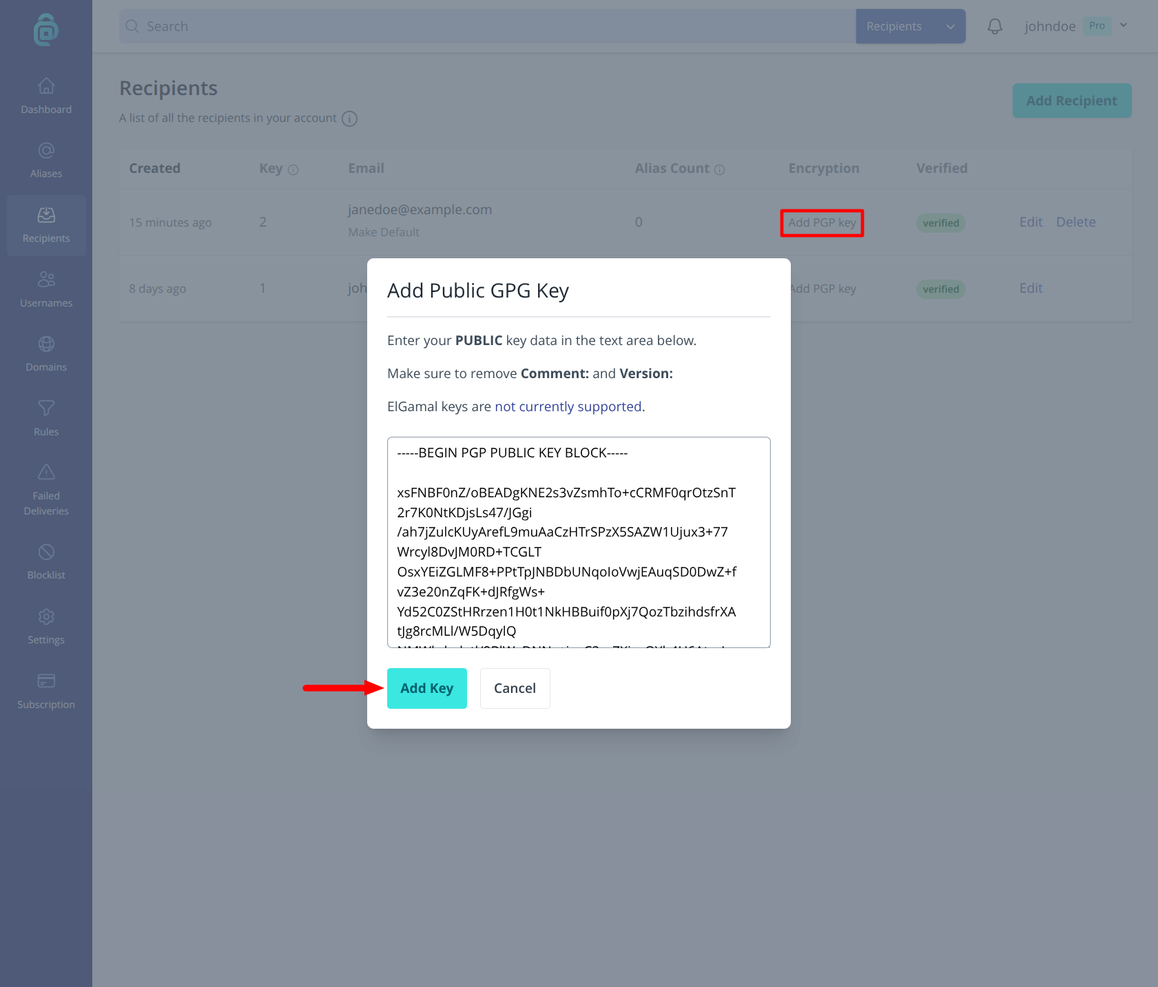 Adding a PGP public key for a recipient in addy.io