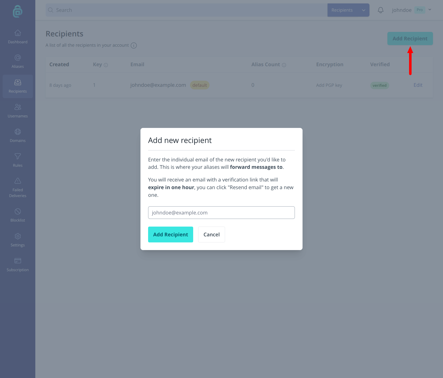 Add a new recipient in addy.io