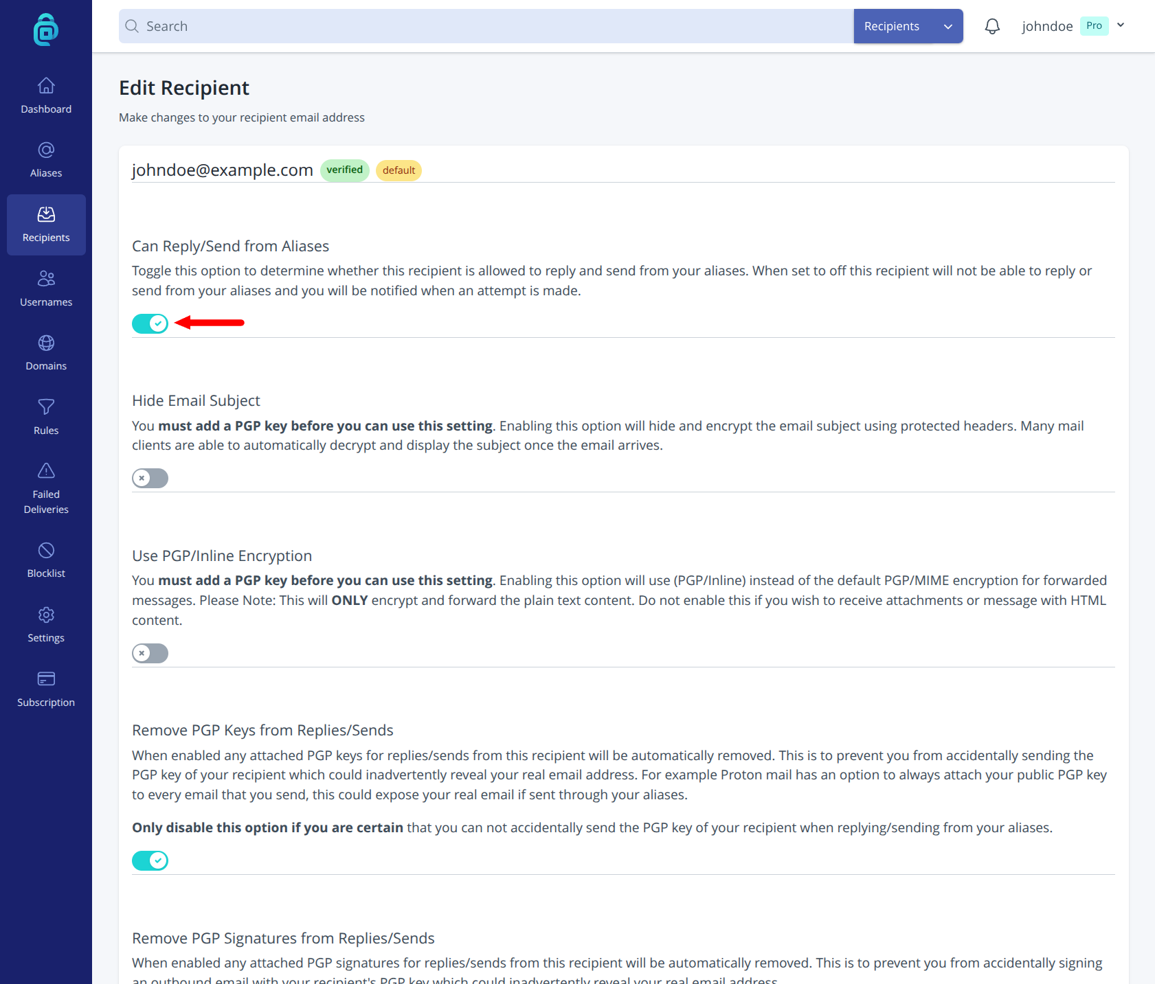 Allow or disallow reply/send for a recipient in addy.io