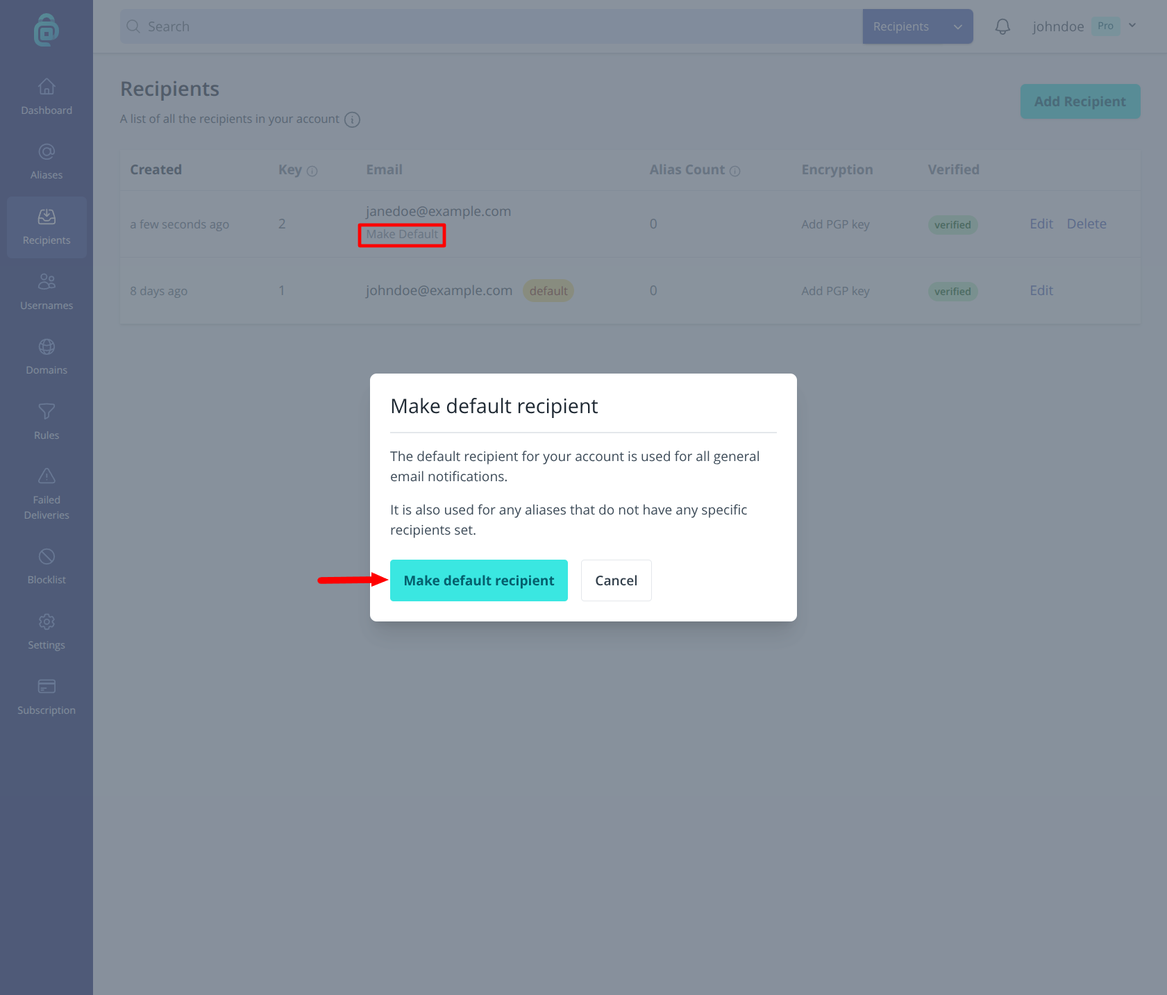 Default recipient setting in addy.io account settings