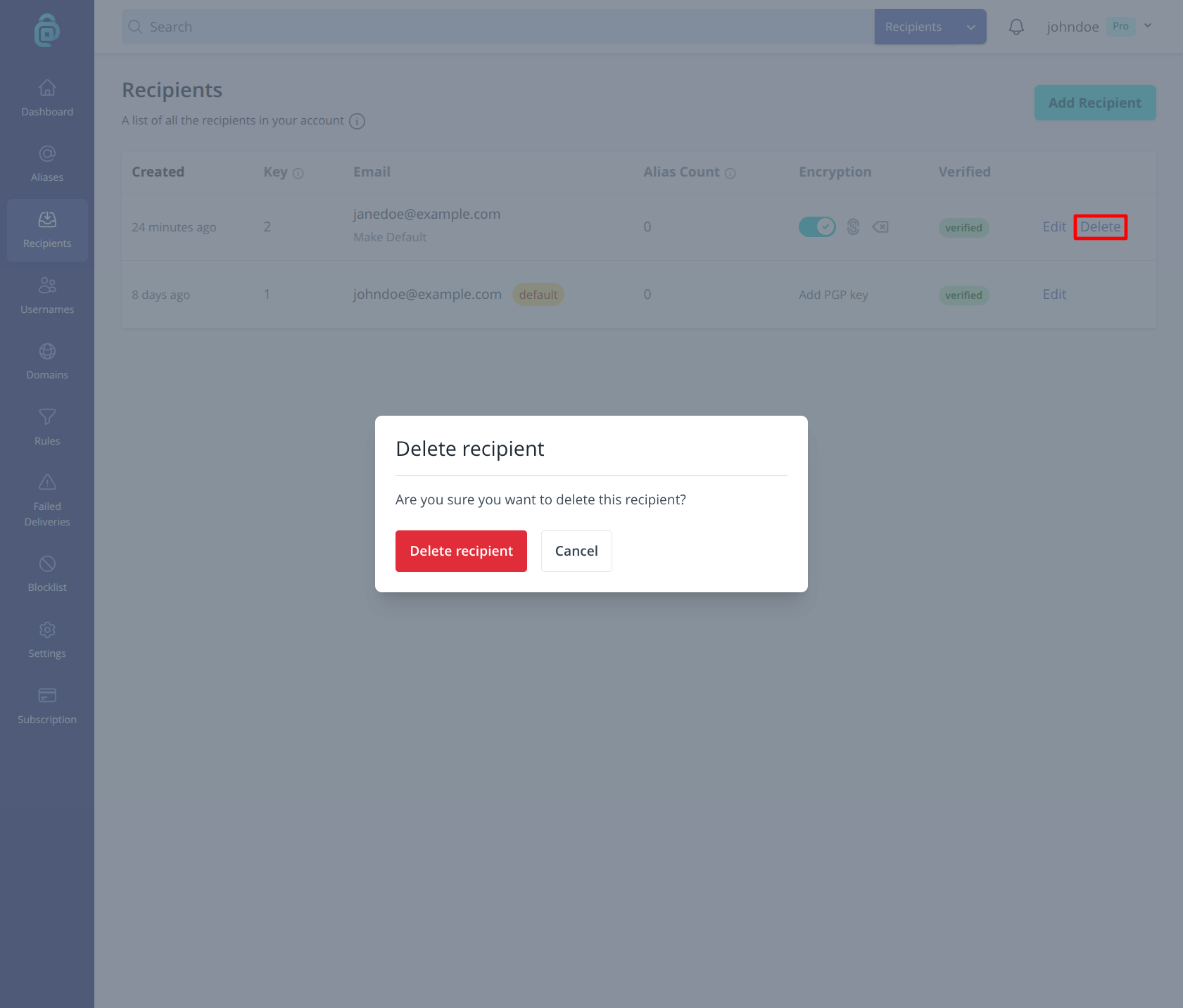 Delete recipient option in addy.io