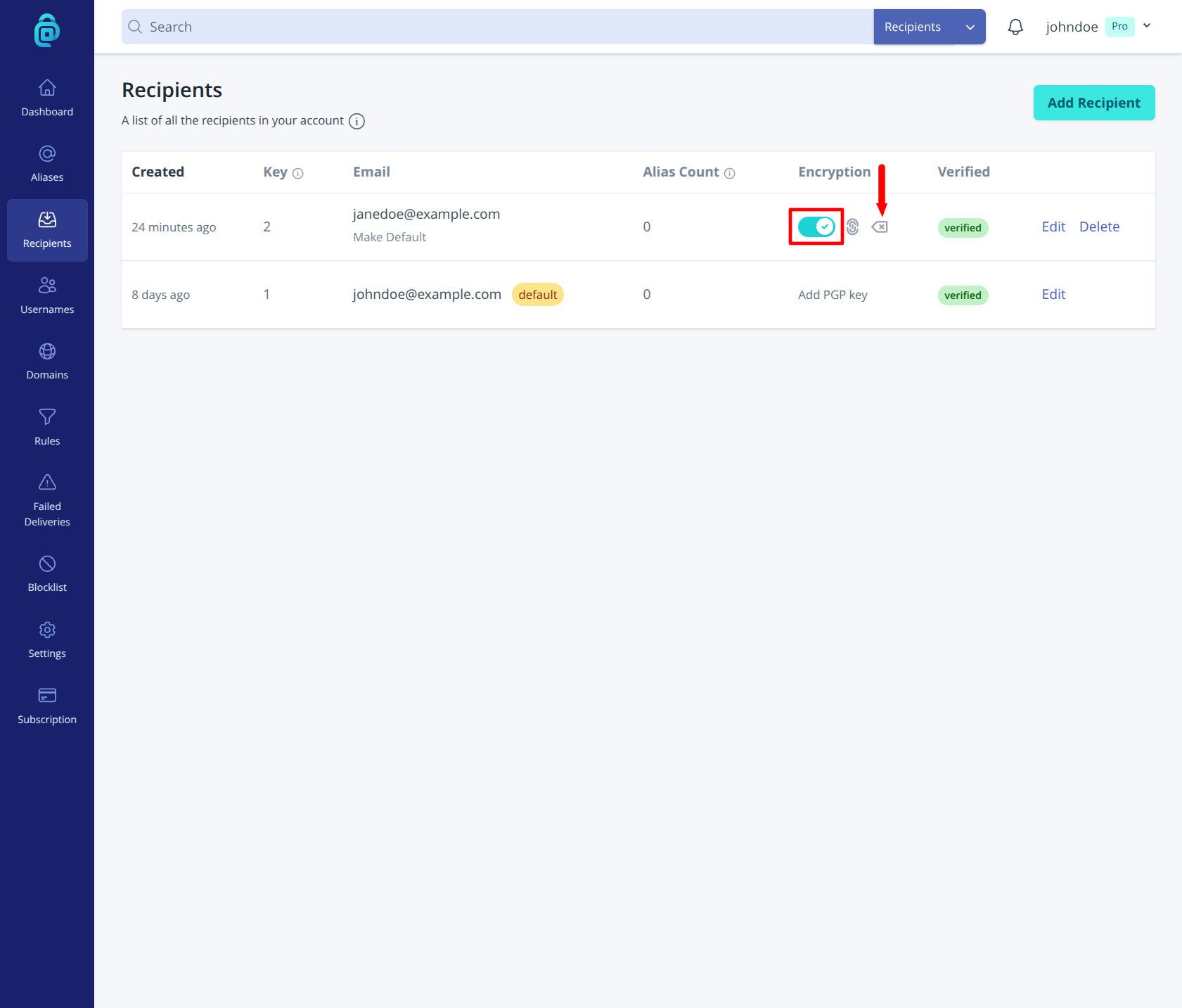 Toggle off encryption for a recipient in addy.io