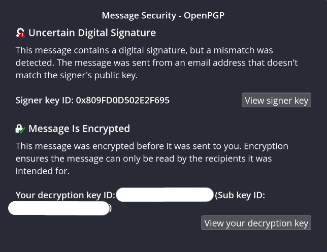 Thunderbird Uncertain digital signature warning for an addy.io forwarded message