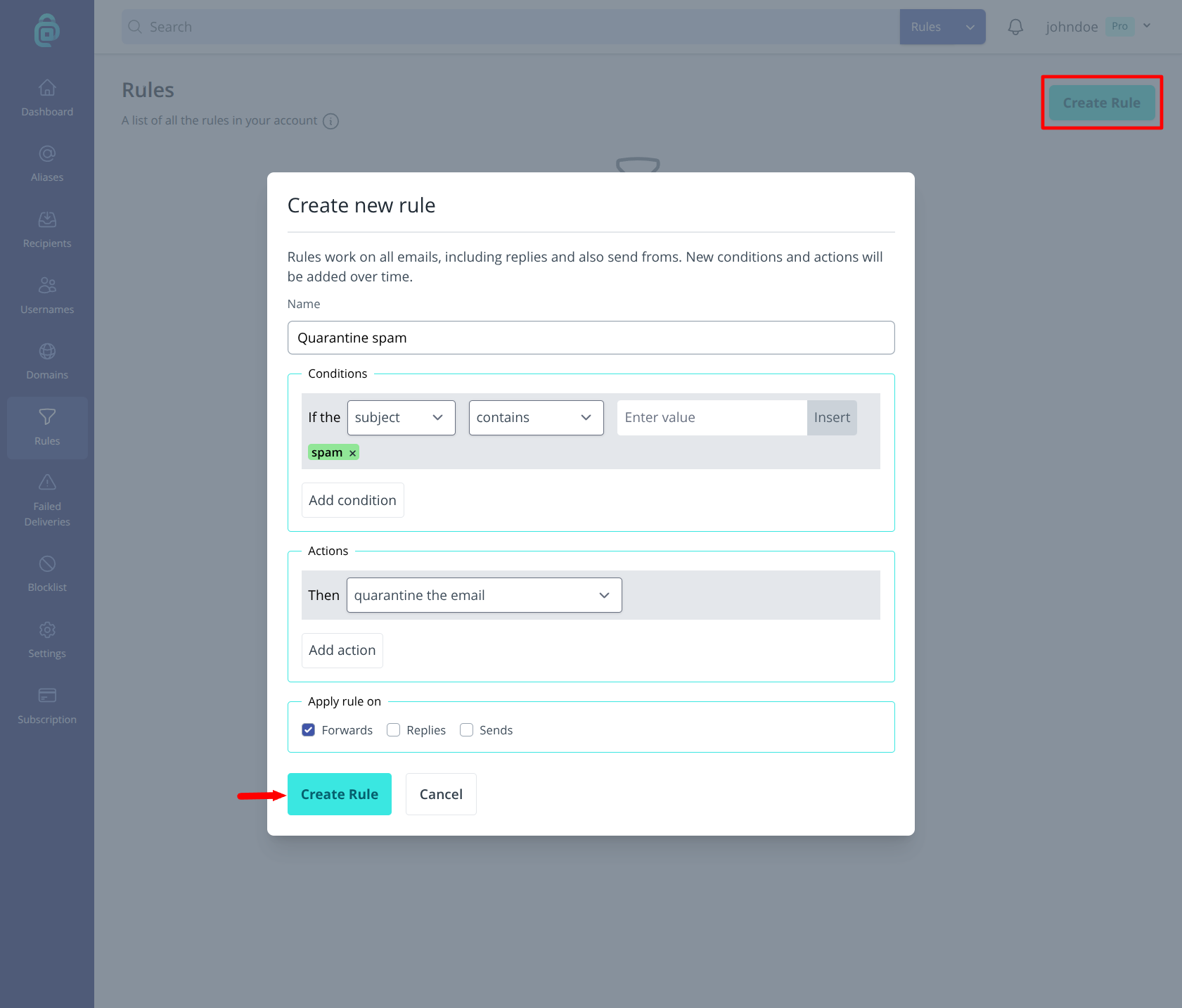 Rule conditions in addy.io