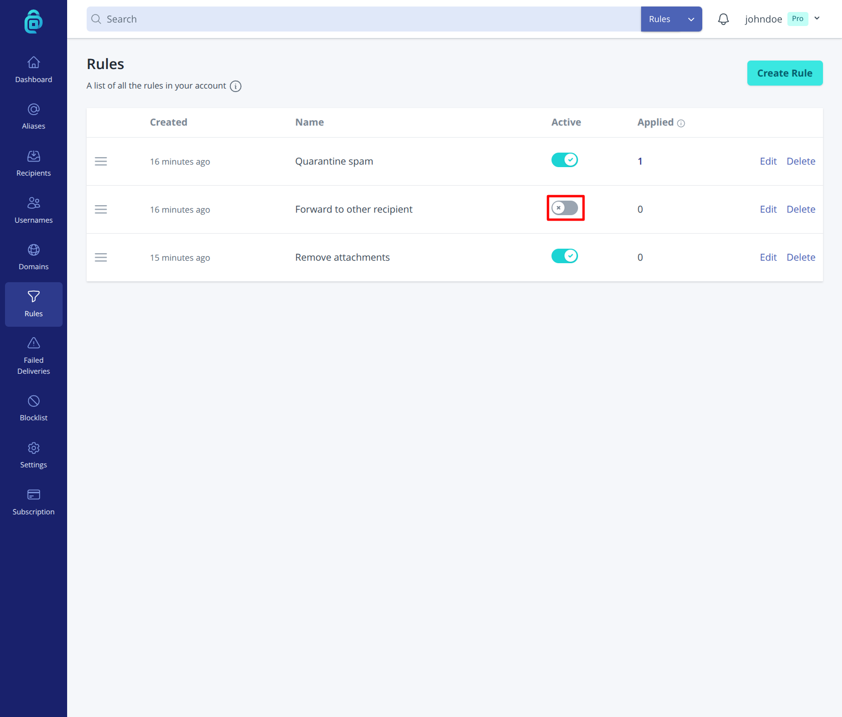 Deactivate rule option in addy.io